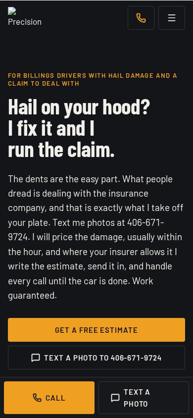 Precision Shine paintless dent repair website on a phone